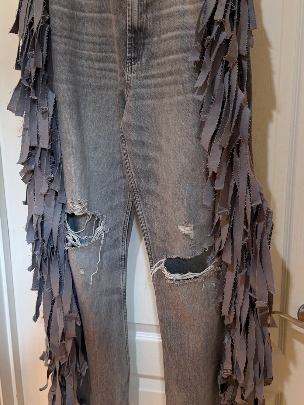 Upcycled Fringe-Trim Gray Distressed Women's Jeans size 10 - Picture 3 of 5